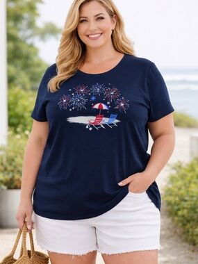 Catherines 0X Patriotic Fireworks Beach Graphic Tee Navy Plus Size 14/16W